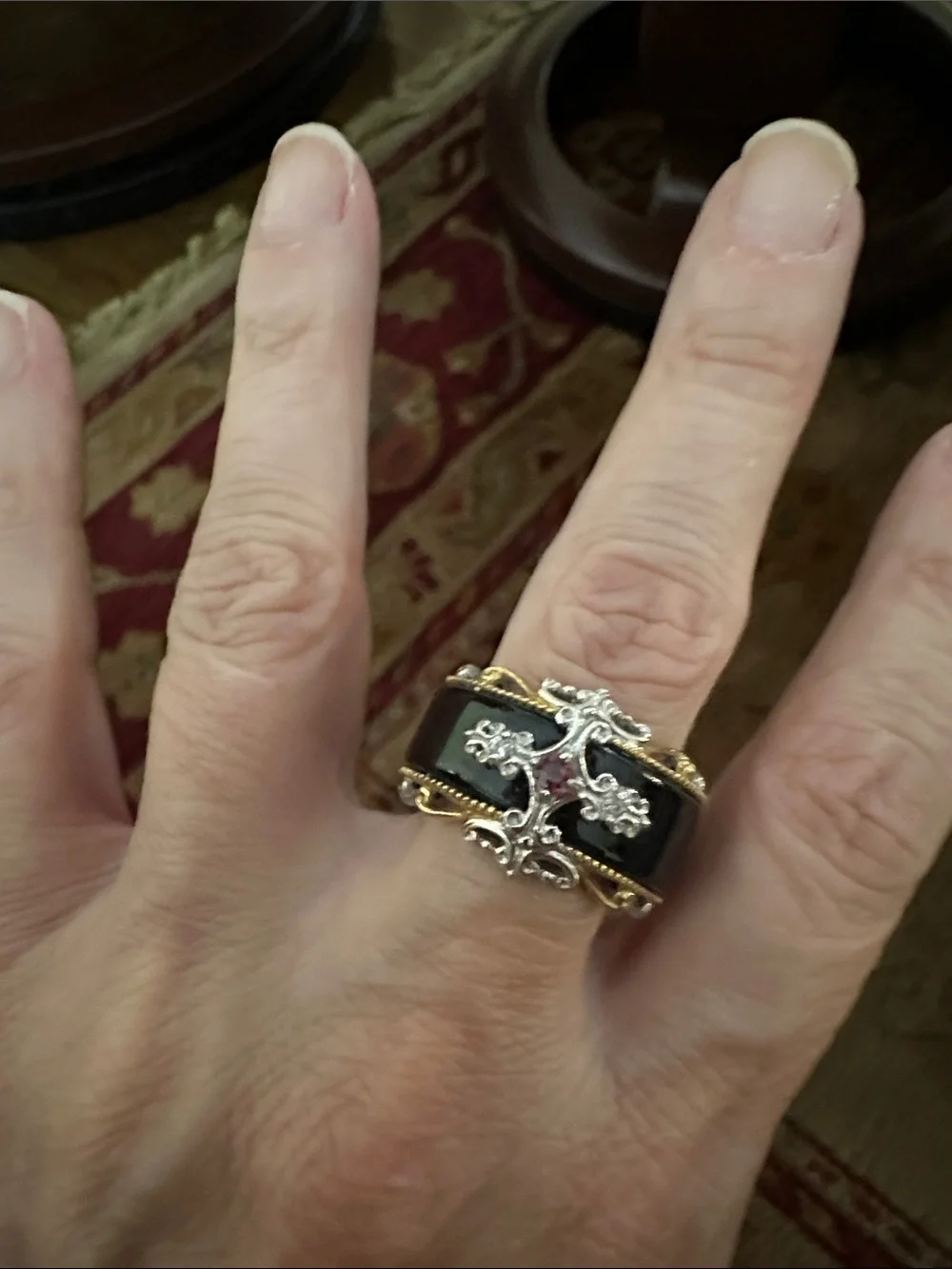 Black Onyx Band Ring with Gold-Tone Rope and Silver Cross Accents